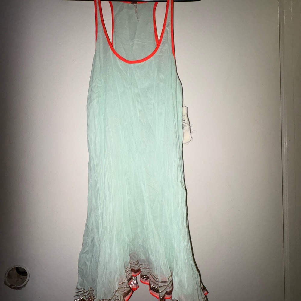 Free People Rare Aqua Fluorescent Metallic Trim Cotton Dress Tunic Size S
